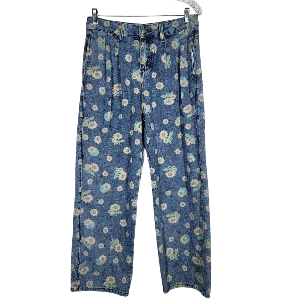 VINTAGE FLORAL HIGH RISE WIDE LEG DENIM JEANS